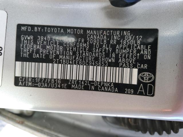 2T1BU4EE6DC945653 - 2013 TOYOTA COROLLA BASE ვერცხლისფერი ფოტო 12