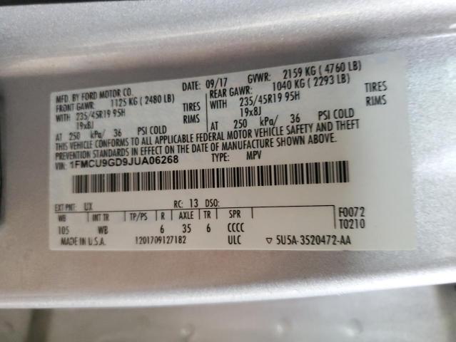 1FMCU9GD9JUA06268 - 2018 FORD ESCAPE SE Srebrny zdjęcie 14