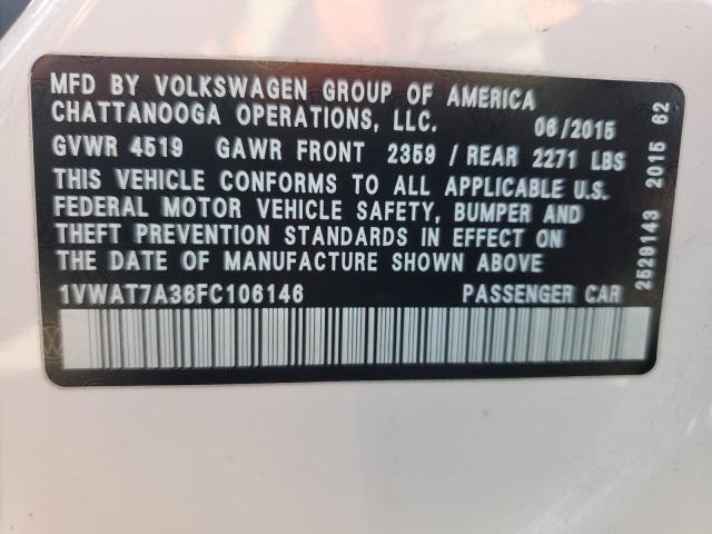 1VWAT7A36FC106146 - 2015 VOLKSWAGEN PASSAT S WHITE photo 13