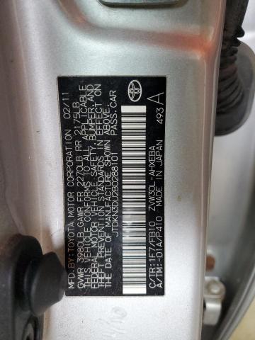 JTDKN3DU2B0288101 - 2011 TOYOTA PRIUS 银色 照片 13