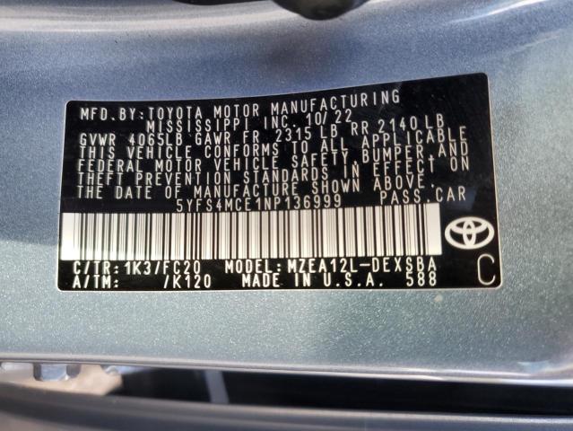 5YFS4MCE1NP136999 - 2022 TOYOTA COROLLA SE 灰色 照片 12