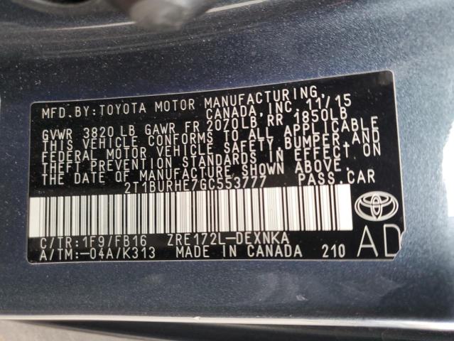 2T1BURHE7GC553777 - 2016 TOYOTA COROLLA L BLUE photo 13