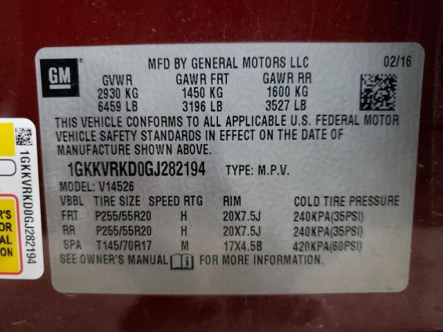 1GKKVRKD0GJ282194 - 2016 GMC ACADIA SLT-1 BURGUNDY photo 13