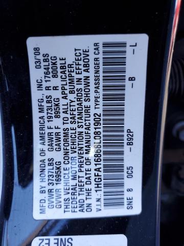 1HGFA16868L081902 - 2008 HONDA CIVIC EX BLACK photo 12