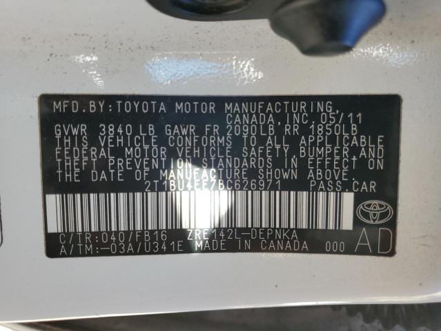 2T1BU4EE7BC626971 - 2011 TOYOTA COROLLA BASE WHITE photo 12