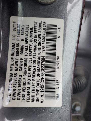 19XFC2F75GE237604 - 2016 HONDA CIVIC EX GRAY photo 13