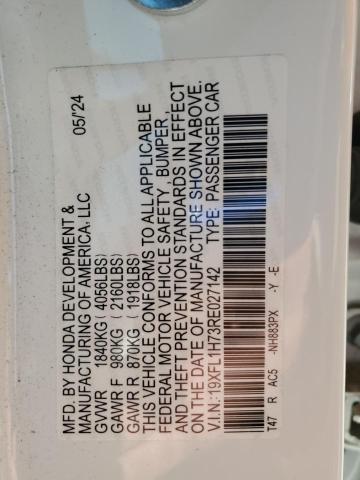 19XFL1H73RE027142 - 2024 HONDA CIVIC EXL WHITE photo 13