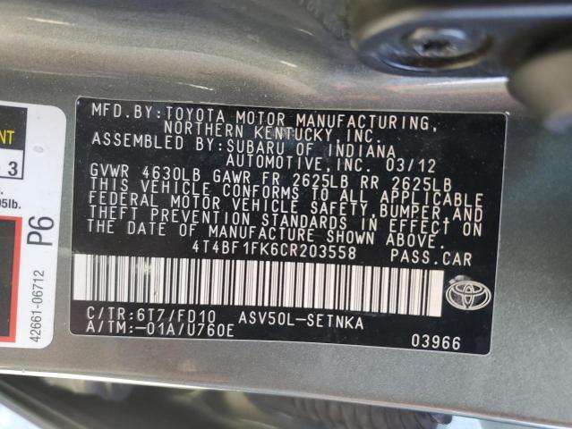 4T4BF1FK6CR203558 - 2012 TOYOTA CAMRY BASE 灰色 照片 12