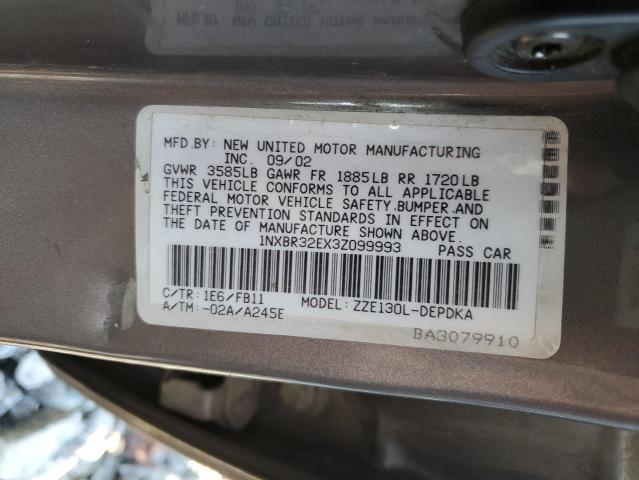 1NXBR32EX3Z099993 - 2003 TOYOTA COROLLA CE GRAY photo 12