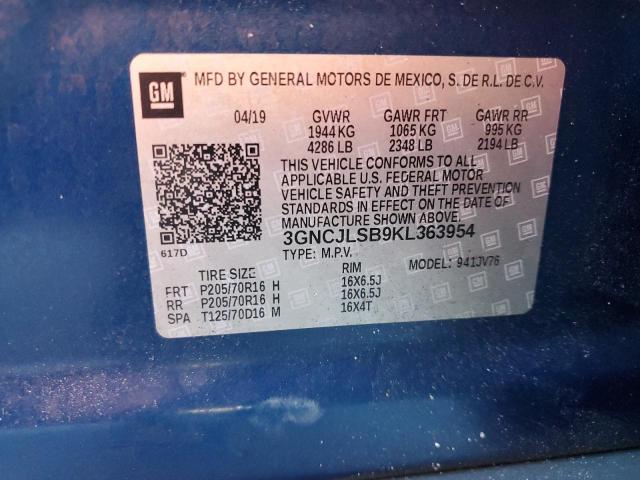 3GNCJLSB9KL363954 - 2019 CHEVROLET TRAX 1LT 青色 照片 12