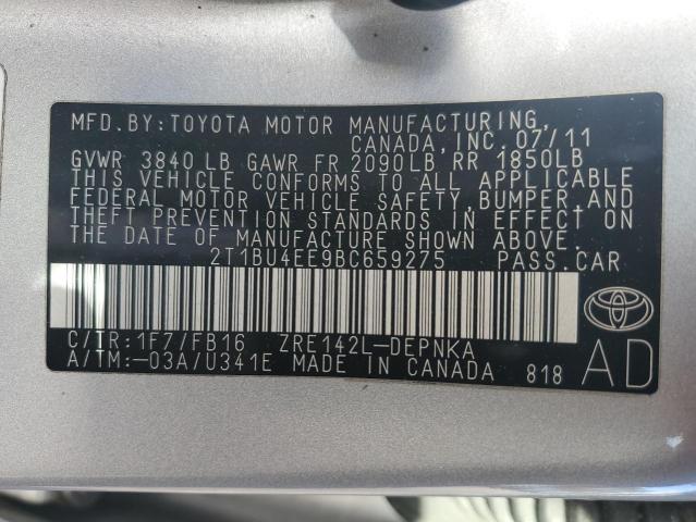 2T1BU4EE9BC659275 - 2011 TOYOTA COROLLA BASE 银色 照片 12