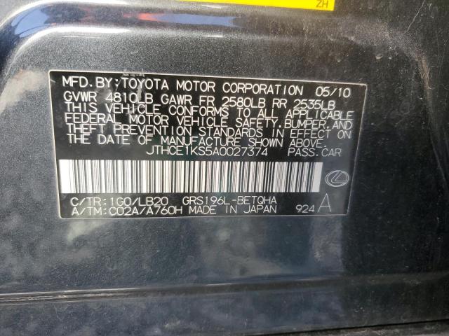 JTHCE1KS5A0027374 - 2010 LEXUS GS 350 GRAY photo 12