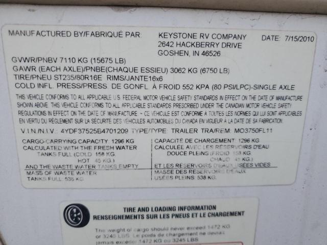 4YDF37525B4701209 - 2011 KEYSTONE MONTANA WHITE photo 10