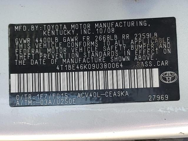 4T1BE46K09U380064 - 2009 TOYOTA CAMRY BASE SILVER photo 12