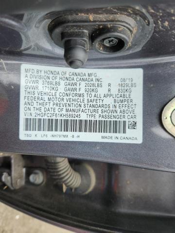 2HGFC2F61KH589245 - 2019 HONDA CIVIC LX GRAY photo 12