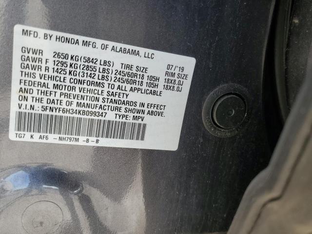 5FNYF6H34KB099347 - 2019 HONDA PILOT EX GRAY photo 13