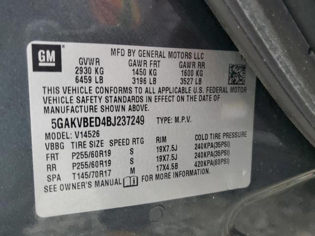 5GAKVBED4BJ237249 - 2011 BUICK ENCLAVE CXL BLUE photo 12