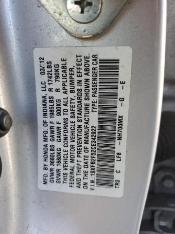 19XFB2F52CE342922 - 2012 HONDA CIVIC LX SILVER photo 12