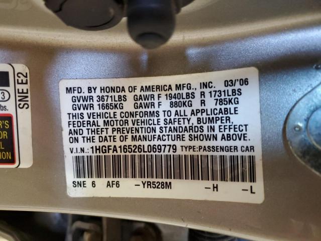 1HGFA16526L069779 - 2006 HONDA CIVIC LX TAN photo 12