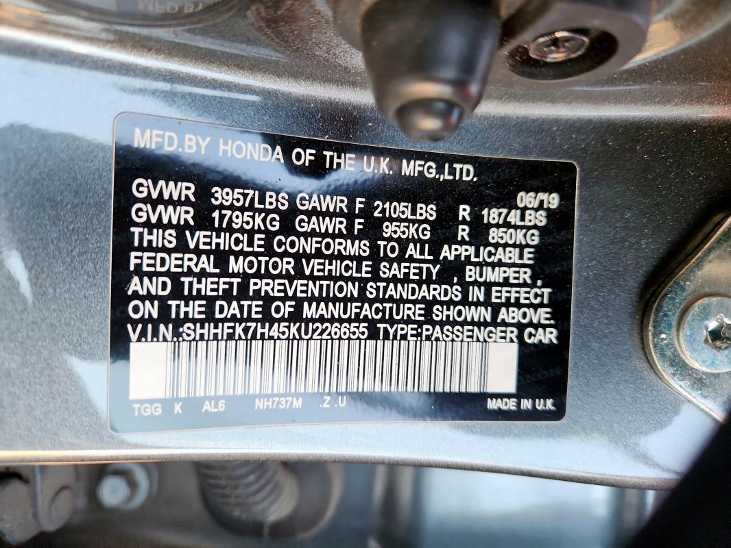 SHHFK7H45KU226655 - 2019 HONDA CIVIC SPORT Boz foto 12