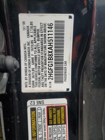 2HGFG1B8XAH511146 - 2010 HONDA CIVIC EX BLACK photo 13