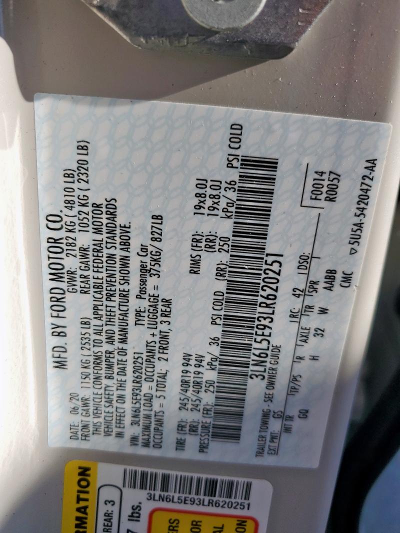 3LN6L5E93LR620251 - 2020 LINCOLN MKZ RESERVE Beyaz fotoğraf 13