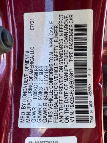 19XZE4F59NE003917 - 2022 HONDA INSIGHT EX RED photo 10