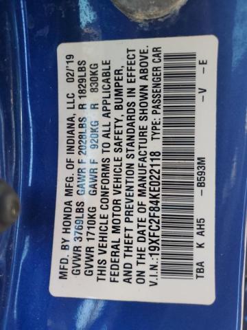 19XFC2F84KE022118 - 2019 HONDA CIVIC SPORT Синій фото 12