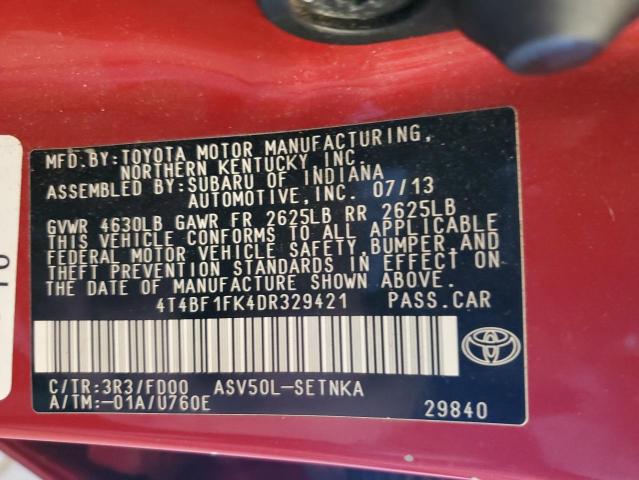4T4BF1FK4DR329421 - 2013 TOYOTA CAMRY L أحمر صورة 12