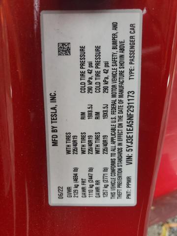 5YJ3E1EA5NF291173 - 2022 TESLA MODEL 3 RED photo 12