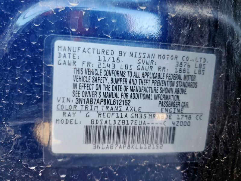 3N1AB7AP8KL612152 - 2019 NISSAN SENTRA S ლურჯი ფოტო 12