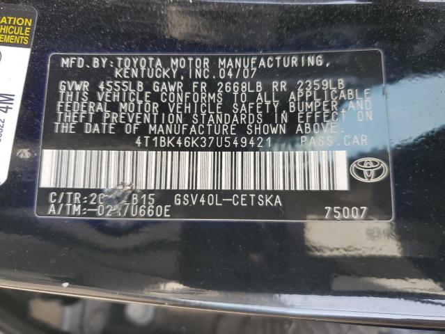 4T1BK46K37U549421 - 2007 TOYOTA CAMRY LE 黑色 照片 12