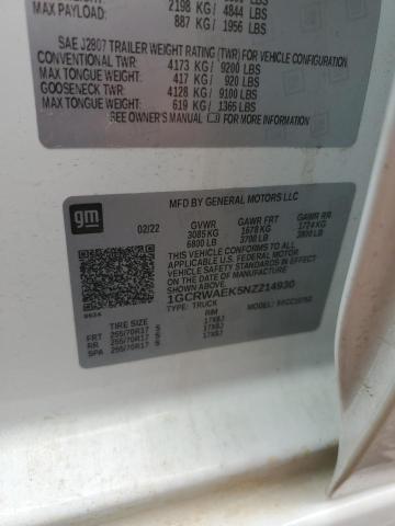 1GCRWAEK5NZ214930 - 2022 CHEVROLET SILVERADO C1500 白色 照片 12