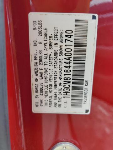 1HGCM81644A001740 - 2004 HONDA ACCORD EX 红色 照片 12