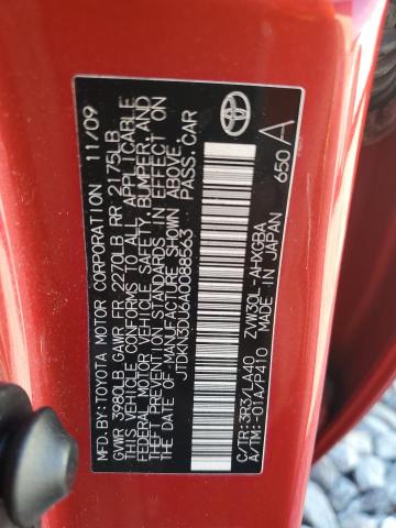 JTDKN3DU6A0088563 - 2010 TOYOTA PRIUS Қызыл фото 12