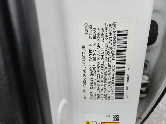 1HGCV1F43KA004007 - 2019 HONDA ACCORD EX 白色 照片 12