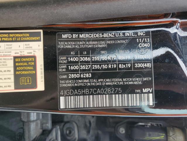 4JGDA5HB7CA028275 - 2012 MERCEDES-BENZ ML 350 4MATIC BLACK photo 12