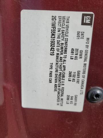 2G1WF55K319324219 - 2001 CHEVROLET IMPALA Tünd qırmızı foto 13