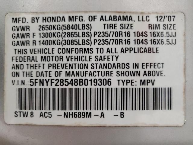 5FNYF28548B019306 - 2008 HONDA PILOT EXL 银色 照片 14