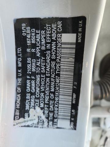 SHHFK7H61KU412467 - 2019 HONDA CIVIC EX Blanc photo 12
