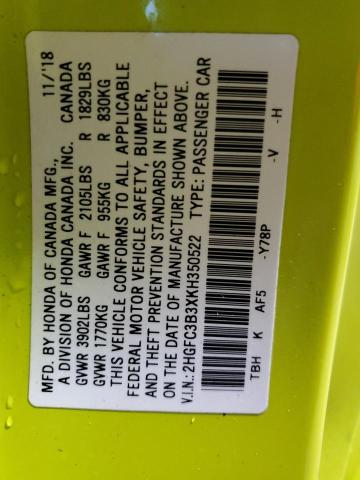 2HGFC3B3XKH350522 - 2019 HONDA CIVIC EX ყვითელი ფოტო 12