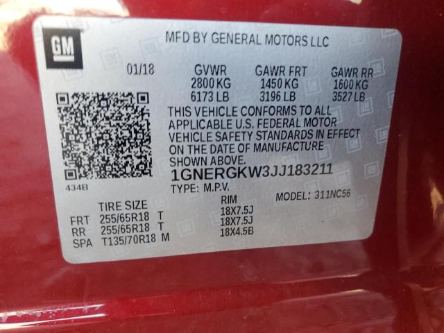 1GNERGKW3JJ183211 - 2018 CHEVROLET TRAVERSE LT წითელი ფოტო 14