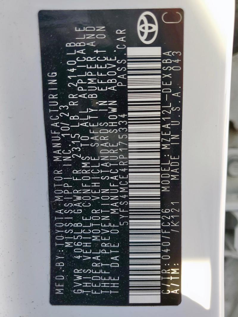 5YFS4MCE4RP175334 - 2024 TOYOTA COROLLA SE თეთრი ფოტო 13