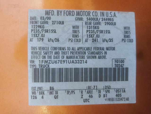 1FMZU67E91UA33214 - 2001 FORD EXPLORER S ORANGE photo 12