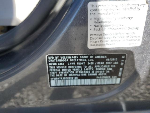 1VWBN7A35DC029166 - 2013 VOLKSWAGEN PASSAT SE 灰色 照片 12