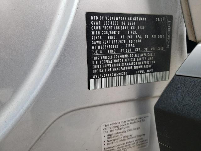 WVGBV7AX6CW596260 - 2012 VOLKSWAGEN TIGUAN S Srebrny zdjęcie 13