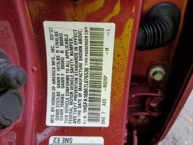 1HGFA16867L076536 - 2007 HONDA CIVIC EX RED photo 12