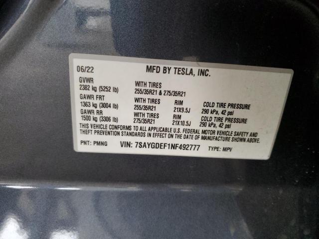 7SAYGDEF1NF492777 - 2022 TESLA MODEL Y SILVER photo 13