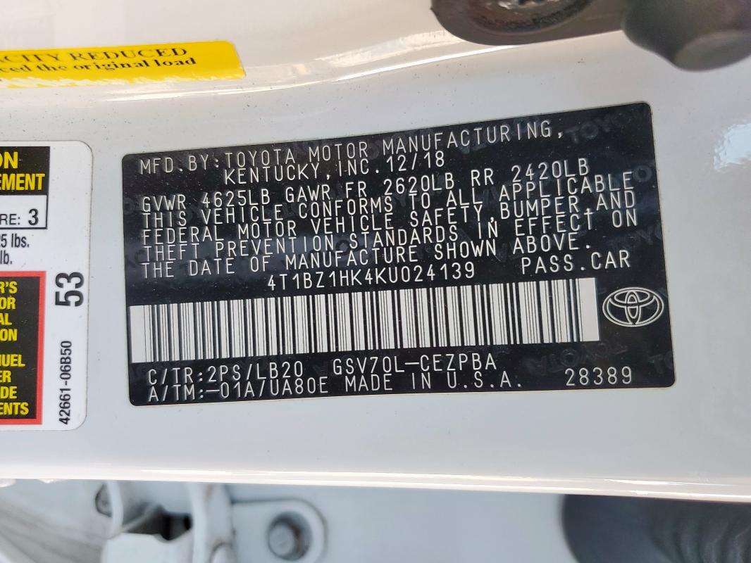 4T1BZ1HK4KU024139 - 2019 TOYOTA CAMRY XSE 白色 照片 12