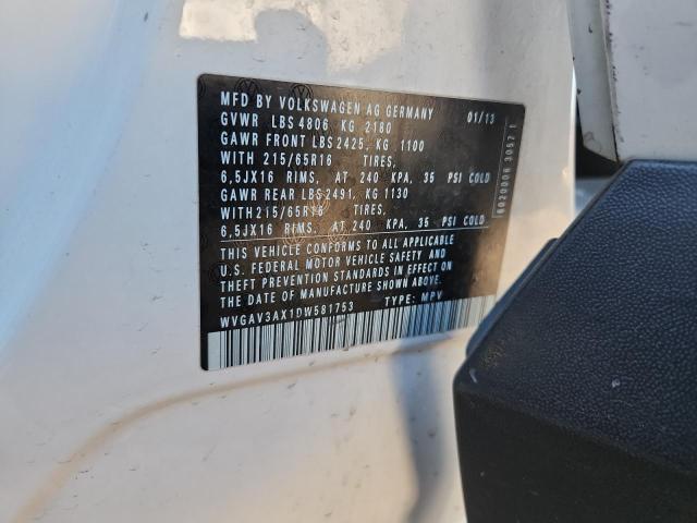 WVGAV3AX1DW581753 - 2013 VOLKSWAGEN TIGUAN S 白色 照片 12